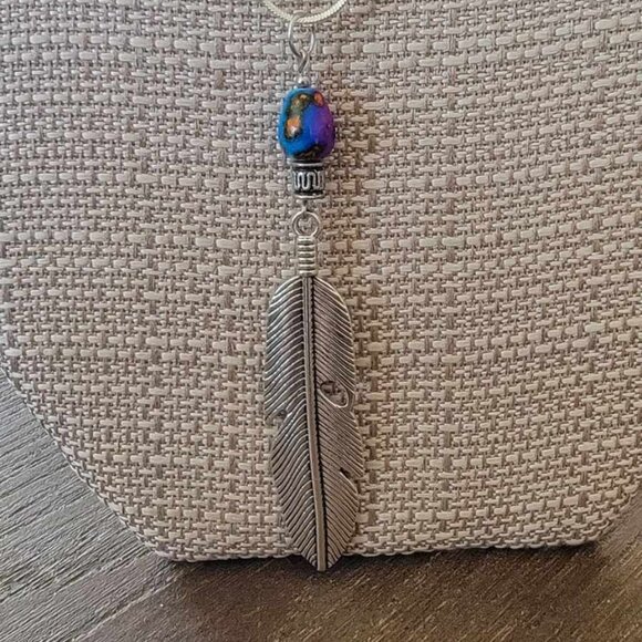 Feather Silver Pewter Pendant Stainless Steel Chain Necklace 20" Feathers Set - Picture 6 of 6